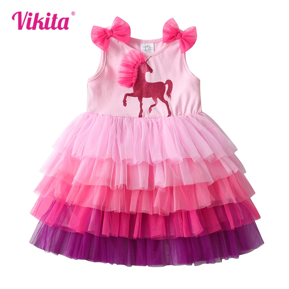 

VIKITA Girls Tutu Dress Kids Licorne Cartoon Print Dress Girl Pink Princess Vestidos Kids Layered Cake Tulle Mesh Party Costumes