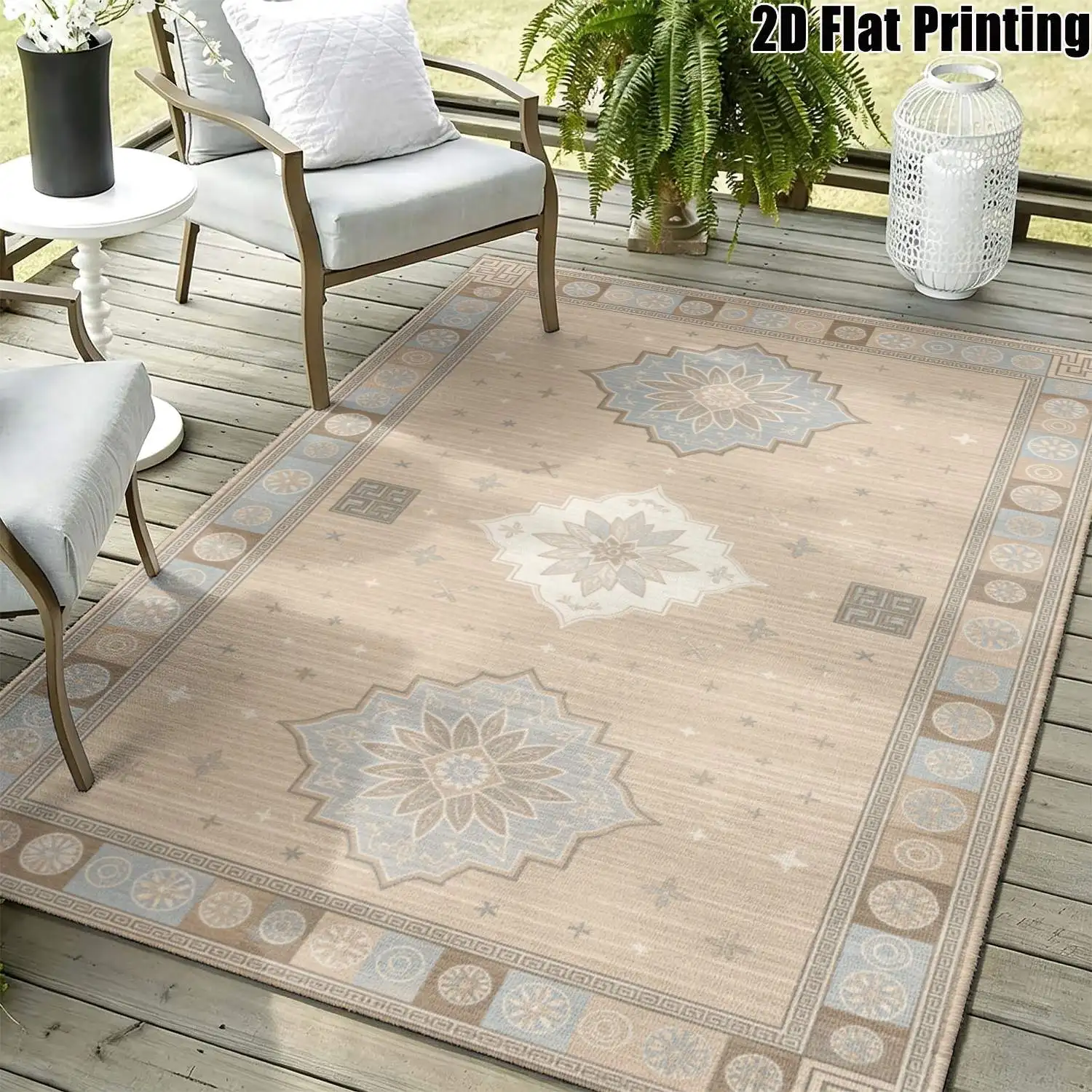 1Pc 2D Printed Carpet: Beige-Blue Floral & Geometric Patterns, Vintage/European/Bohemian Style, Machine Washable, Multiple Sizes, Home Decor for Entryway, Dining Room, Foyer, Living Room, Bedroom