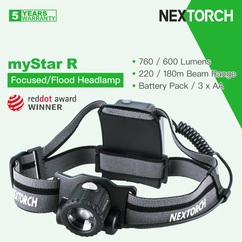 Nextorch MyStar R Spot/Flood lampada frontale a doppia luce, portata del fascio di 760 lumen 220m, batteria da 3000mAh/AA, anello di messa a fuoco