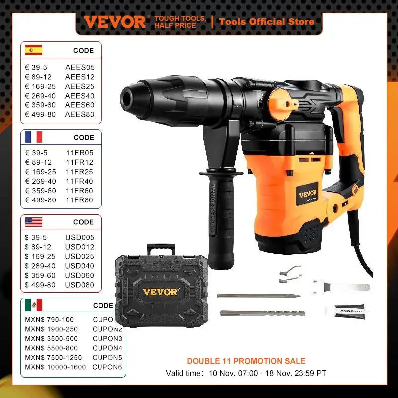 

VEVOR 1600W Rotary Hammer Drill Max Drilling 42mm 3 Modes SDS Max Corded Demolition Chipping Metal Concrete Breaker Jackhammer