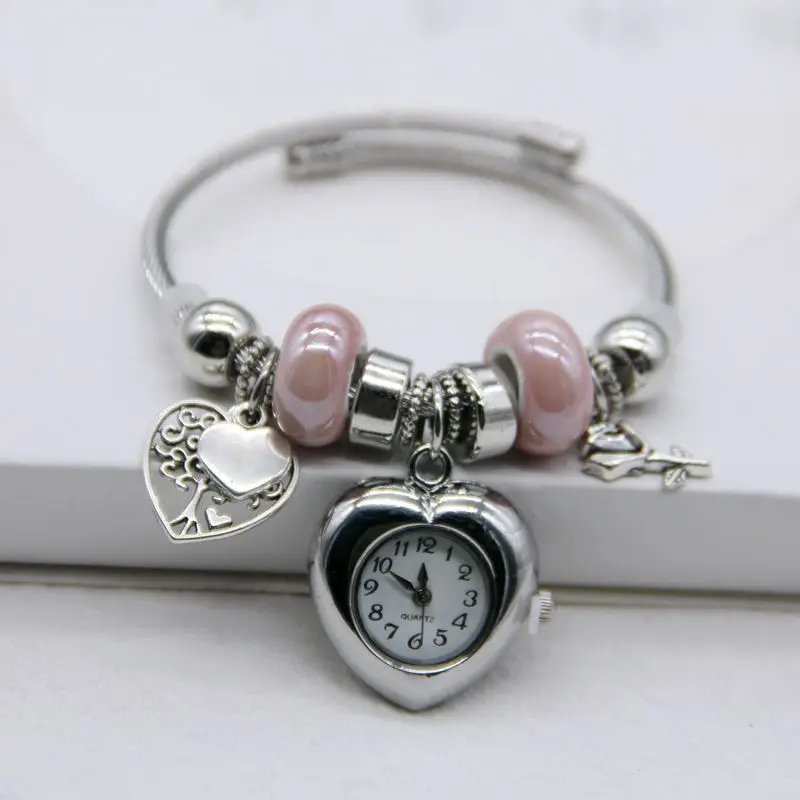 

Women's Love Pendant Bracelet Watch Korean Fashion Creative Bead Open Bangle Quartz Wristwatch Elegant Ladies Jewelry Watch