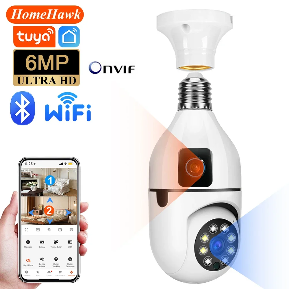

Tuya 6MP E27 Bulb WIFI Camera Dual Lens AI Human Tracking Voice Alarm Two-way Audio Dual Screen Smart Home Surveillance Camera