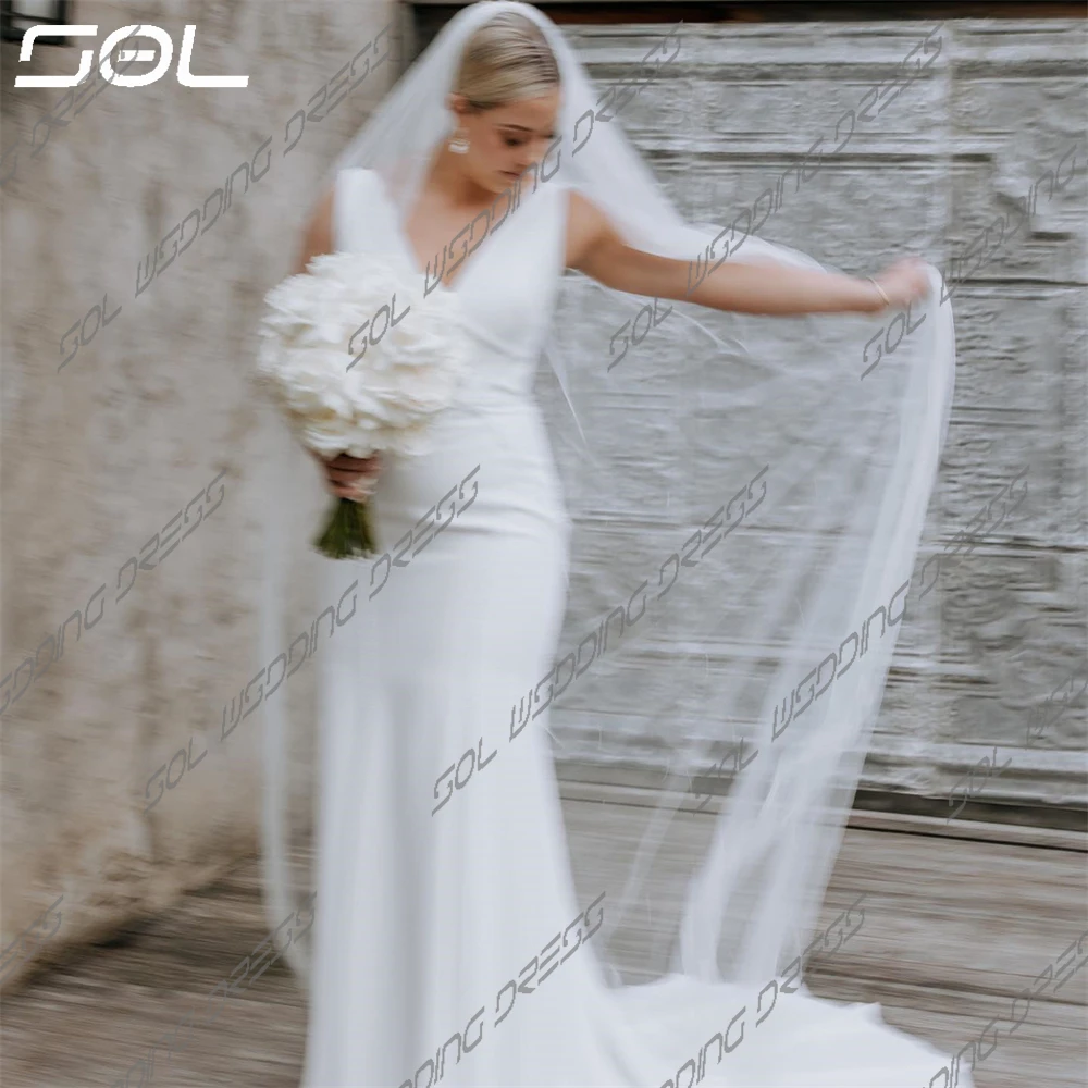 Sol Simple Spaghetti Straps profondo scollo a V pieghettato abito da sposa in raso per le donne elegante abito da sposa a sirena di backup Robe De Mariee