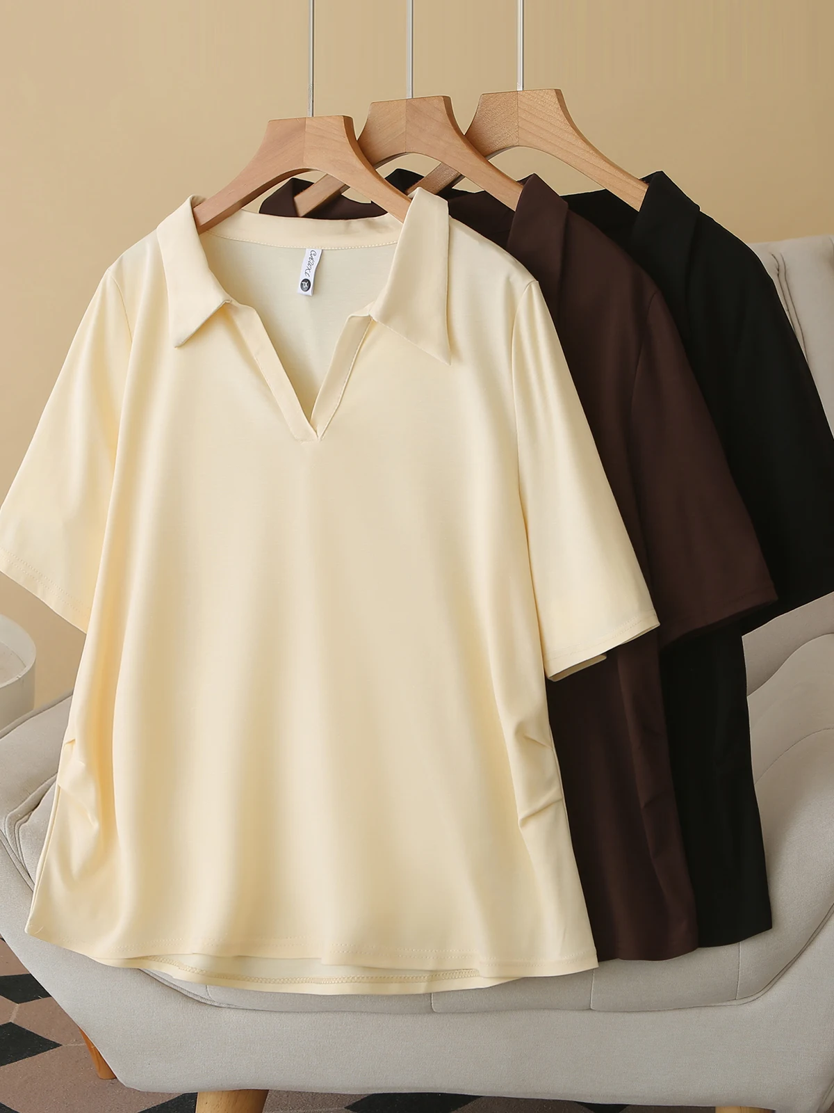 Casual Loose Summer T-Shirt Women's Korean Style High Waist Flip Collar Oversize Shirtie Style Polyester Fiber Short Sleeve
