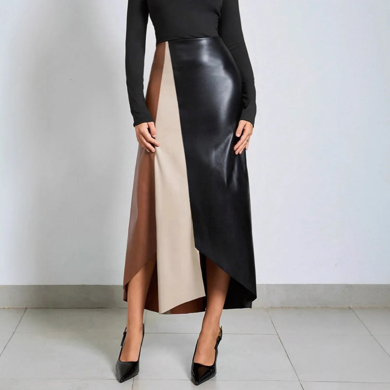 Winter New PU Color Matching Leather Skirt High Waist Zipper Slim Hip Zipper Long Skirt Women