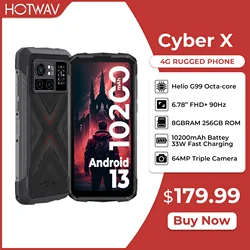 HOTWAV 사이버 X 러기드 G99 6.78 인치 FHD + 90Hz 디스플레이, 8GB + 256GB, 안드로이드 13, 64MP, 10200mAh 배터리, 33W 고속 충전 4G 핸드셋