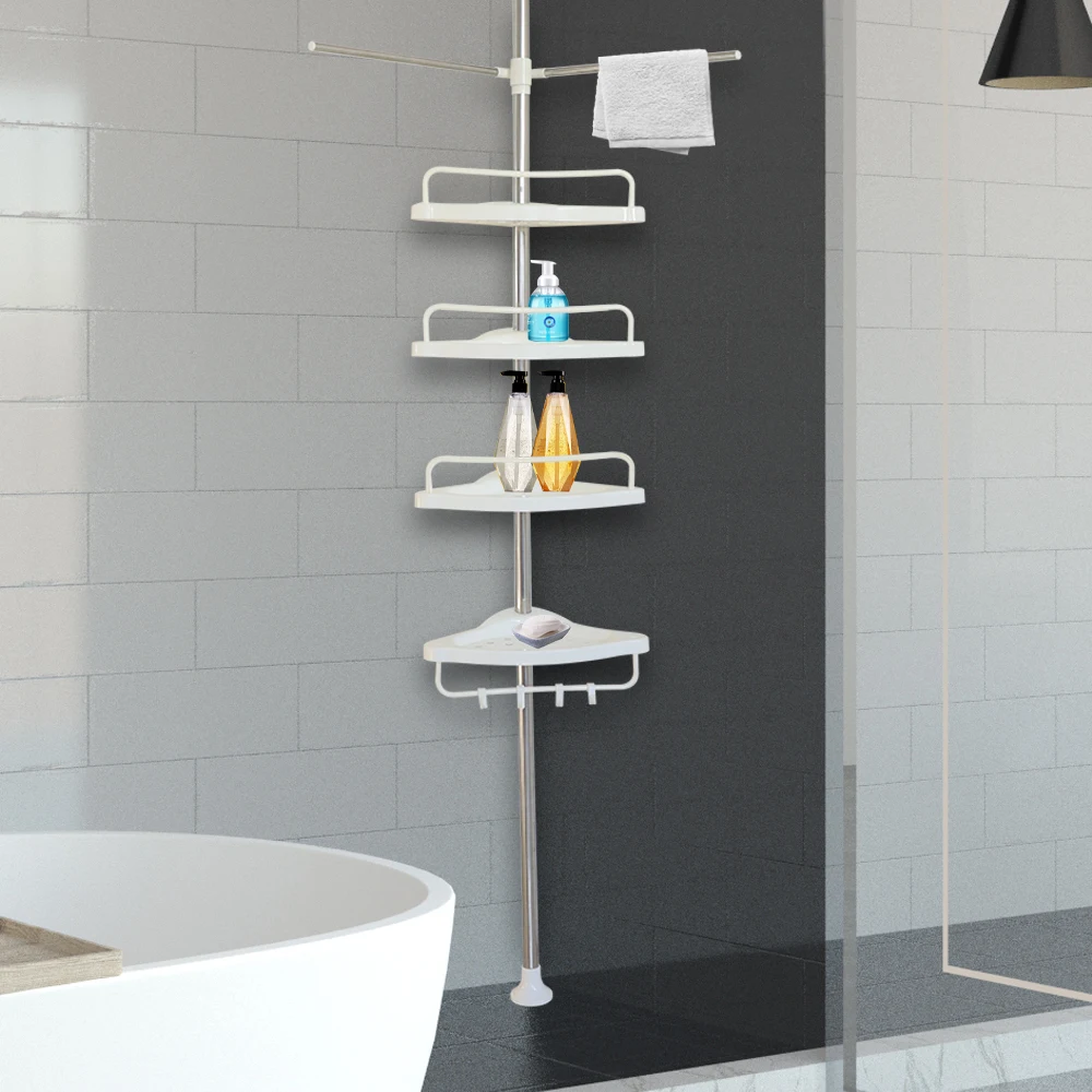 4 Tier Bathroom Telescopic Rod Shelf Durable Rust Proof Shower Storage Corner Rack Caddy Tension Rod Holder