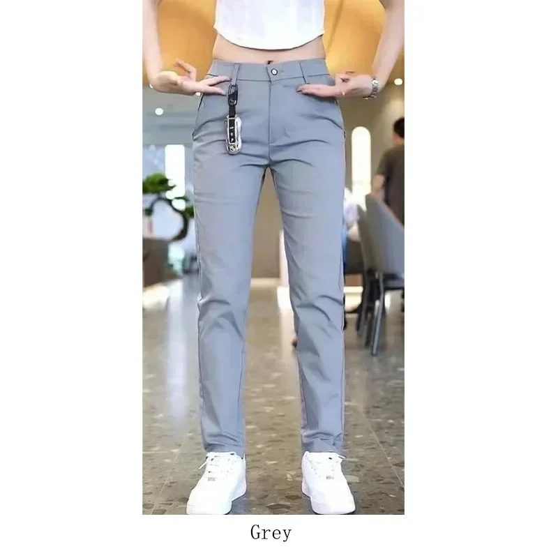 سراويل تقليدية كاكي رفيعة للرجال من الحرير الجليدي تصميم بسيط نحيف مستقيم قابل للتمدد سراويل عصرية كورية للرجال سراويل رياضية مريحة