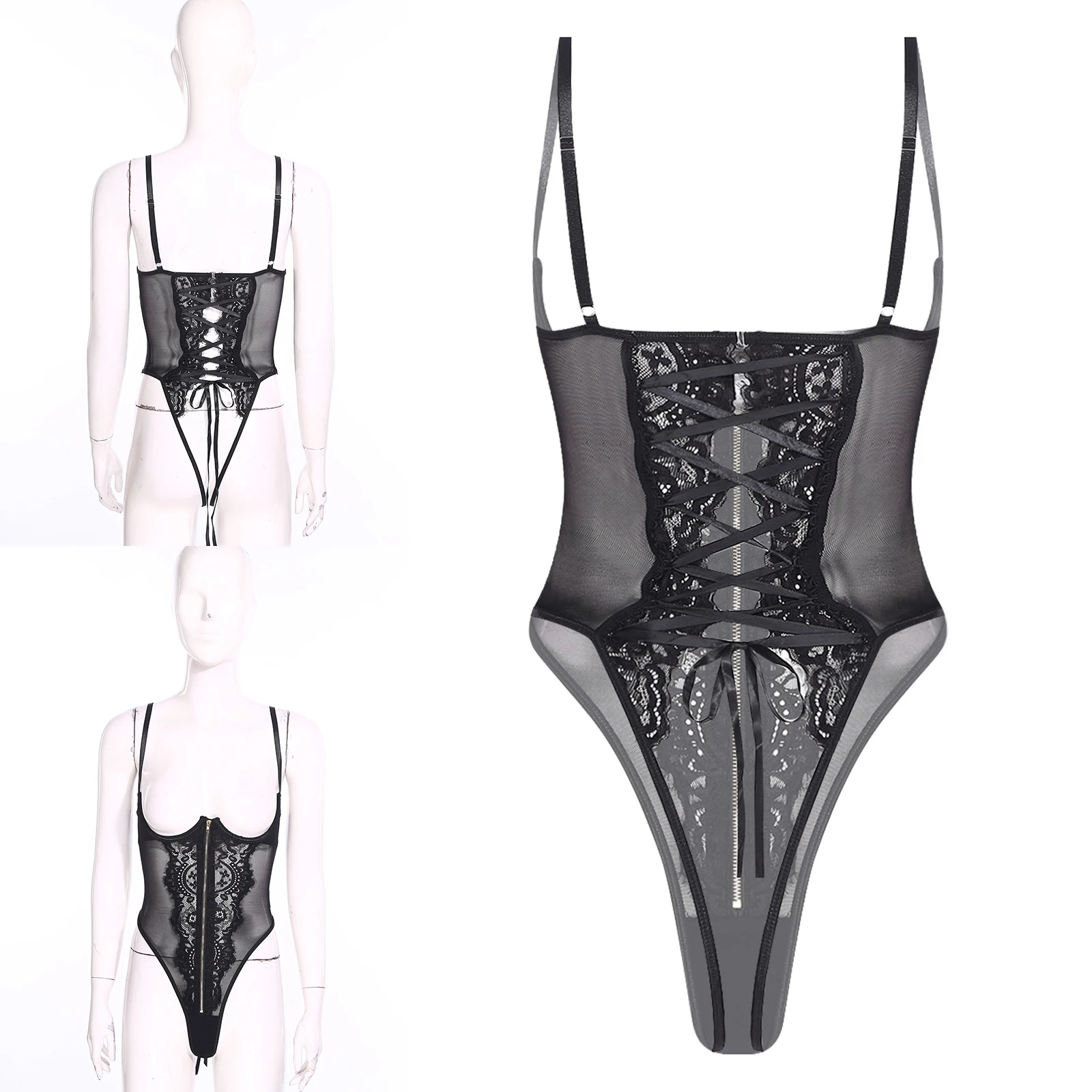 

Womens Sexy See Through Floral Lace Bodysuit Open Cup Underwired Back Lace-up Babydoll Teddy Front Zipper Leotard Nightwear
