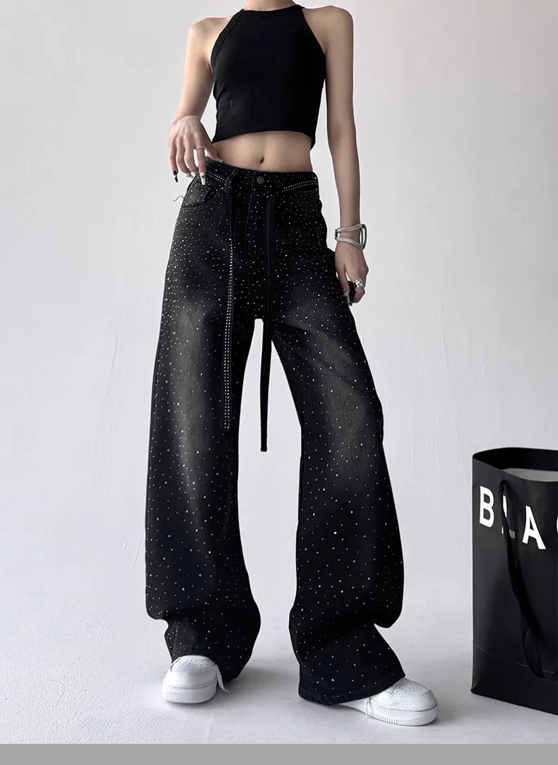 

Women's Black Ironing Jeans 2025 Spring And Autumn New Y2k Korean High-Waisted Fashionable Loose Straight Leg Wide-Leg Pants