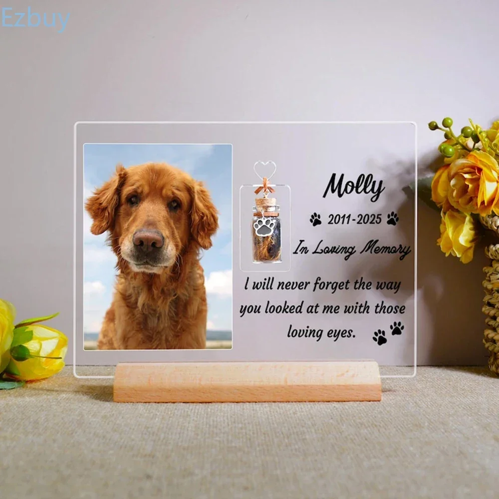 Marco Conmemorativo Personalizado para Mascotas con Foto, Recuerdo de Pelo, Vial para Cenizas, Tributo por la Pérdida de Perro o Gato, Regalo Grabado Personalizado para Dueños de Mascotas