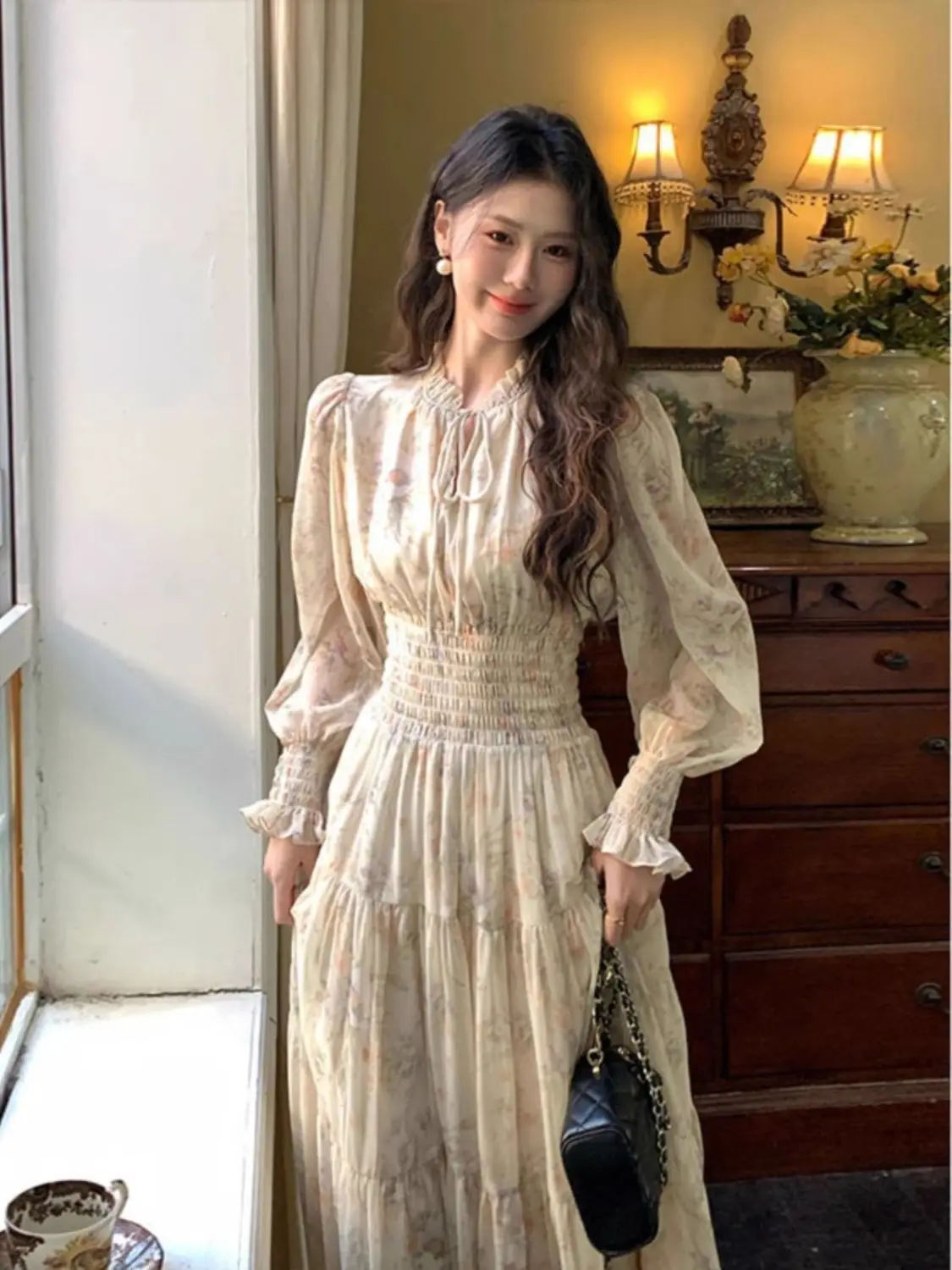 

Элегантное длинное платье А-силуэта с цветочным принтом и плиссировкой, женское, с круглым вырезом, пышными рукавами, драпировкой на талии, из шифона, летнее платье для женщин TS958