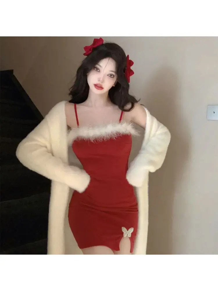 กระโปรงทรงเอวสูงสองสีแบบสายรัดสำหรับผู้หญิง สีแดงเซ็กซี่ เหมาะสำหรับฤดูใบไม้ร่วง ฤดูหนาว วันฮาโลวีน และวันวาเลนไทน์