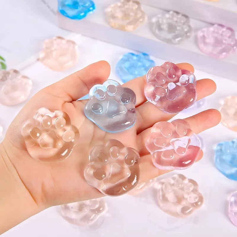 Kawaii Transparente Cat Paws Sticky Squeeze Brinquedos, Soft Quick Rebound, Geléia Realista, Glitter Ice Cube, 5 Pcs
