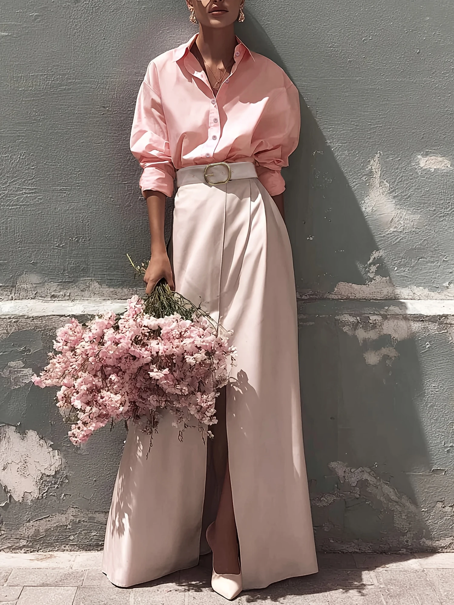 

Женский комплект из двух предметов в свежем розовом цвете | Свободная рубашка и юбка с высоким разрезом | Вечный романтический повседневный элегантный наряд