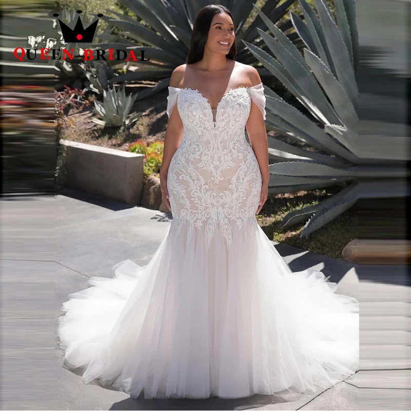 

Sexy Off Shoulder Lace Mermaid Wedding Dress Appliques Tulle Plus Size Backless Bridal Gowns Vestido De Noiva Custom FZ17