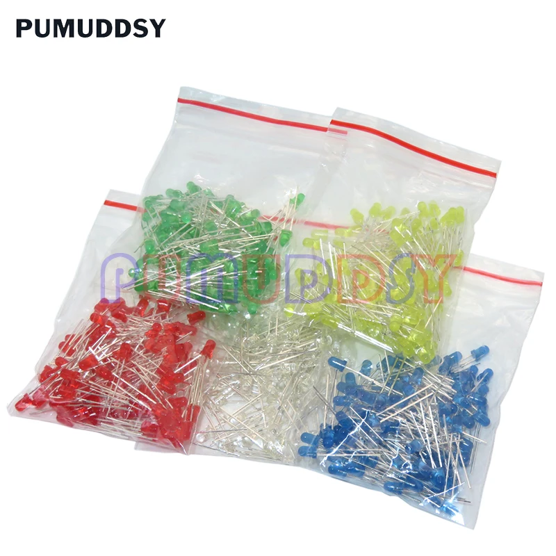 500PCS/LOT 3MM LED Diode Kit Mixed Color Red Green Yellow Blue White LED Light 5 Color Each 100 pieces
