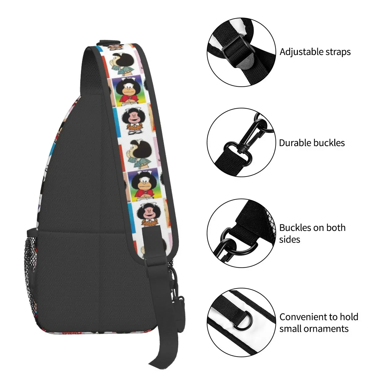 Kawaii Cartoon Anime Xadrez Mafalda Sling Bag Peito Crossbody Ombro Mochila Ao Ar Livre Caminhadas Daypacks Homens Mulheres Pack