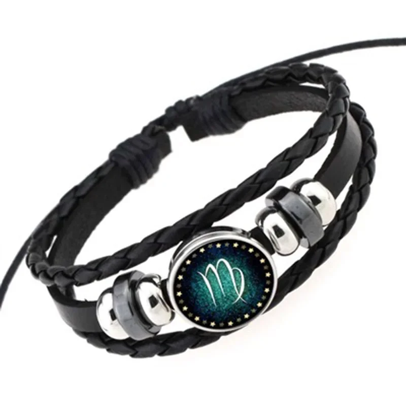 متعدد الطبقات الجلود سوار 12 كوكبة زودياك تسجيل الرجال النساء أساور مجدولة ليو العقرب العذراء مجوهرات