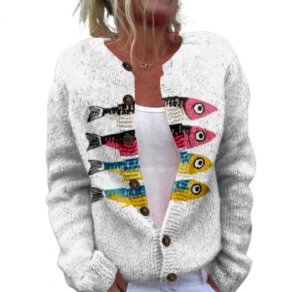 

Women Sweater Coat Round Neck Long Sleeve Animal Print Knitting Outerwear Loose Fit Open Front Cardigan