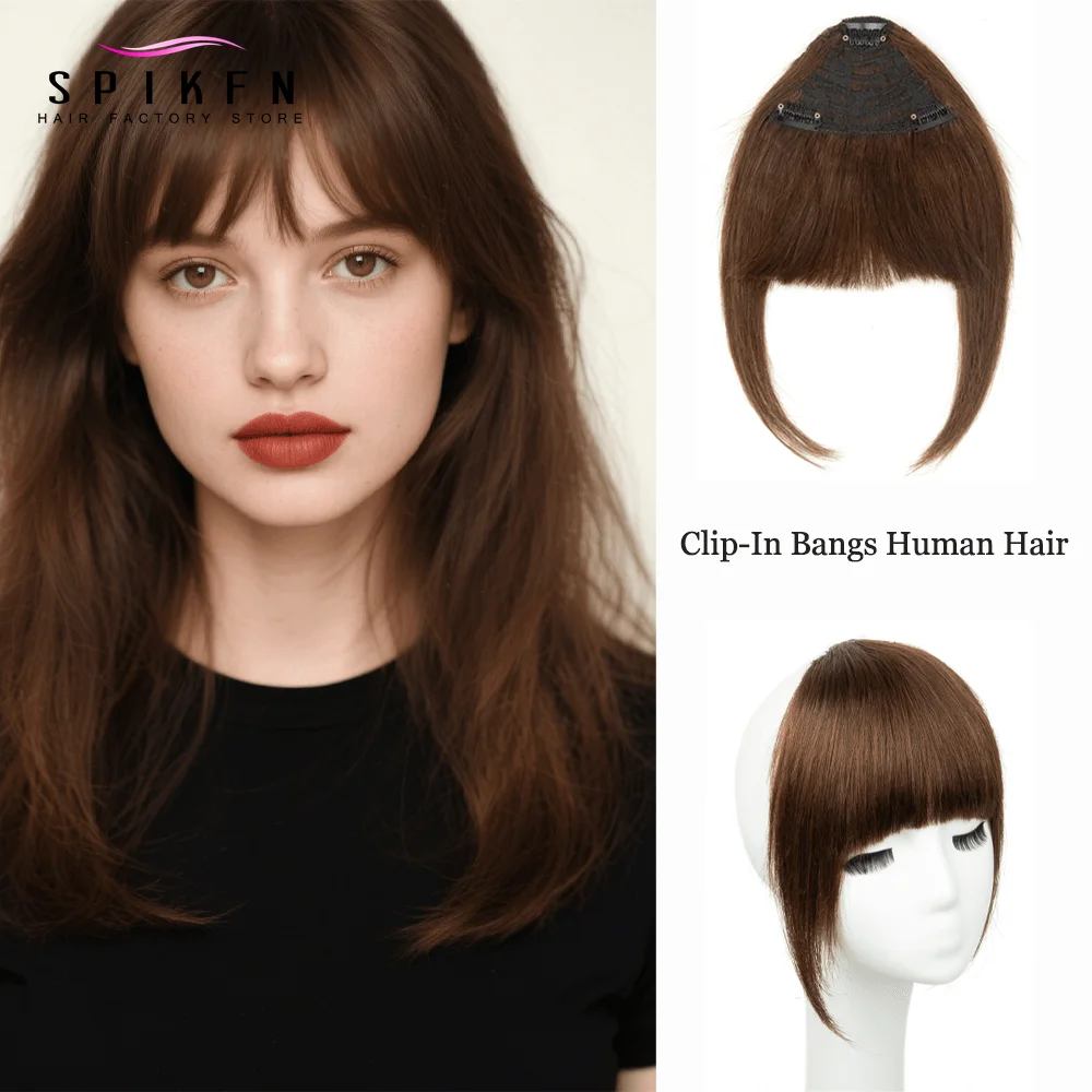 Dark Brown 3D Blunt Cut Clip-In Bangs Human Hair Pieces  Natural Staight Hair Bangs Clips in Fringe Bangs Hairpiece for Women