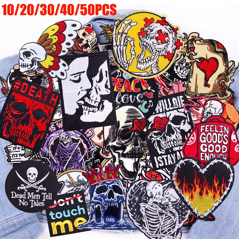 10/20/30/40/50PCS Random mixed Horror Punk Skull Style Embroidered Patches DIY Iron On Patches For Clothing Jackets Jeans Badges