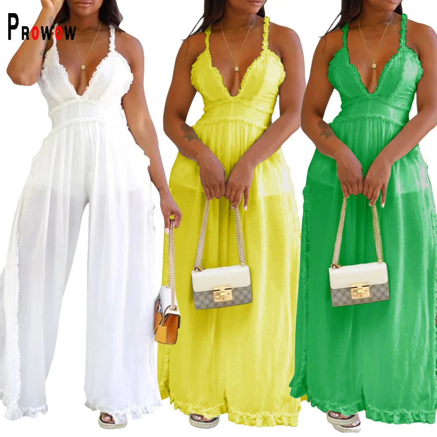 

Prowow Fashion High Waist Women's Jumpsuits Mesh Sexy See Through Summer One-piece Female Romper 2024 Sleeveless Clothing