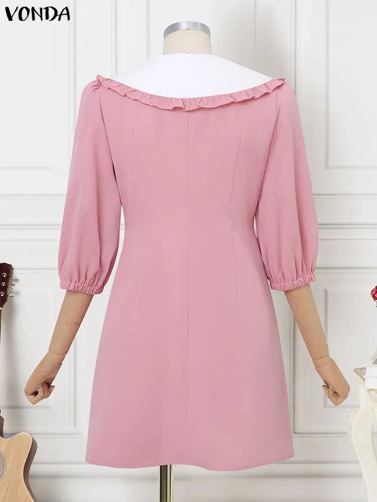 2025 VONDA Fashion Shirt Dresses Women 3/4 Sleeve Peter Pan Collar Mini Sundress Spring Buttons Casual Elegant Party Robe Femme
