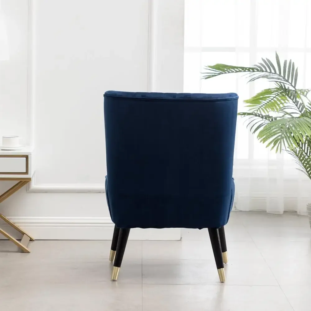 Contemporary Velvet Upholstered Accent Chair Blue Foam Padding Lush Fabric Curved Design Rubberwood Legs Black Gold Tone Metal