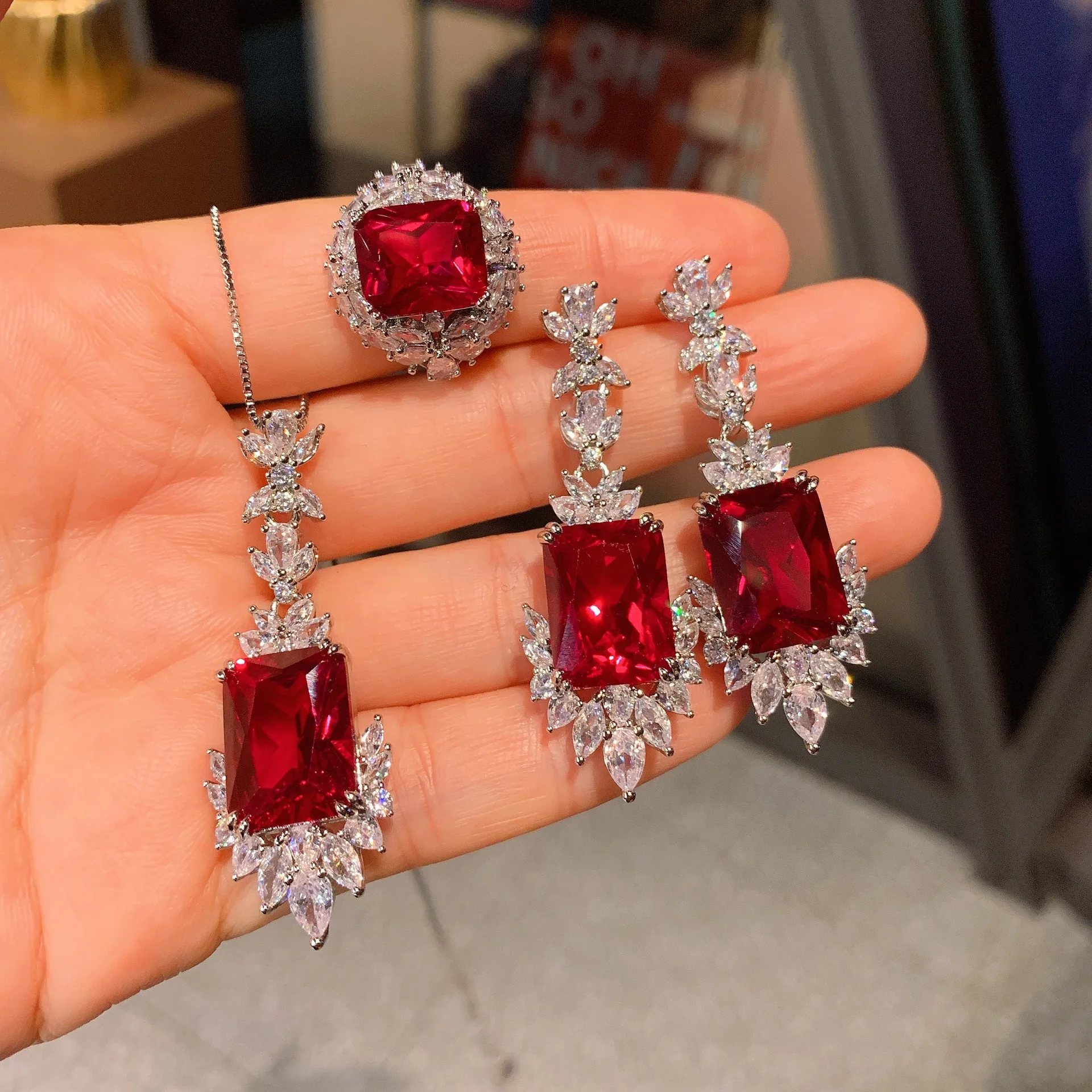 

Luxury Red Ruby Imitation Green Emerald Blue Paraiba Gemstone Zircon Pendant Necklace Adjustable Ring Long Earrings Jewelry Set