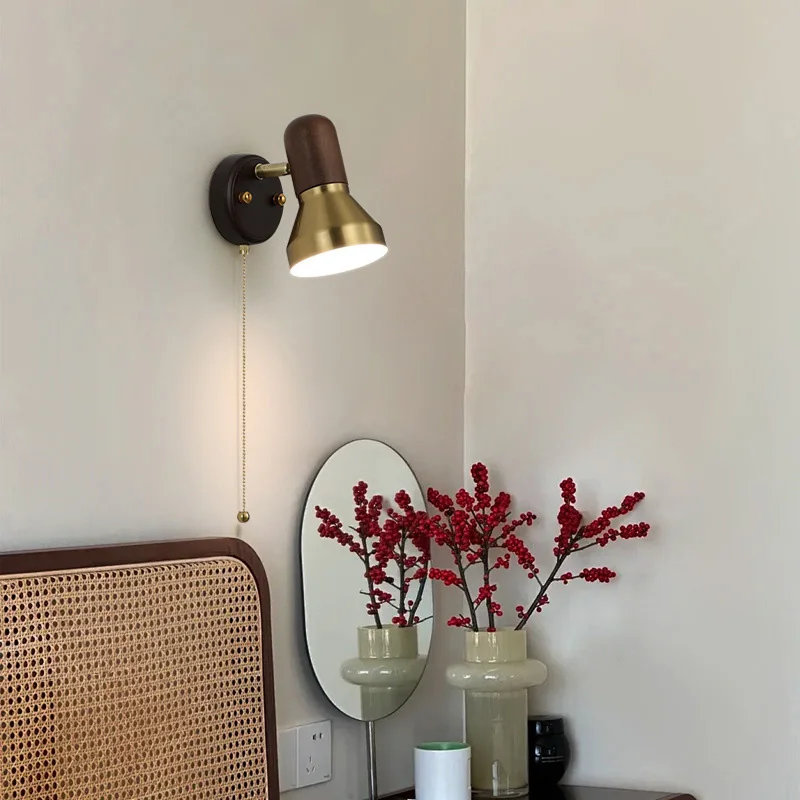 French Ancient Style Small Wall Lamp Solid Wood Walnut Wood Color Japanese Wabi-Sabi Bedside Rotating Bedroom Reading Homestay R