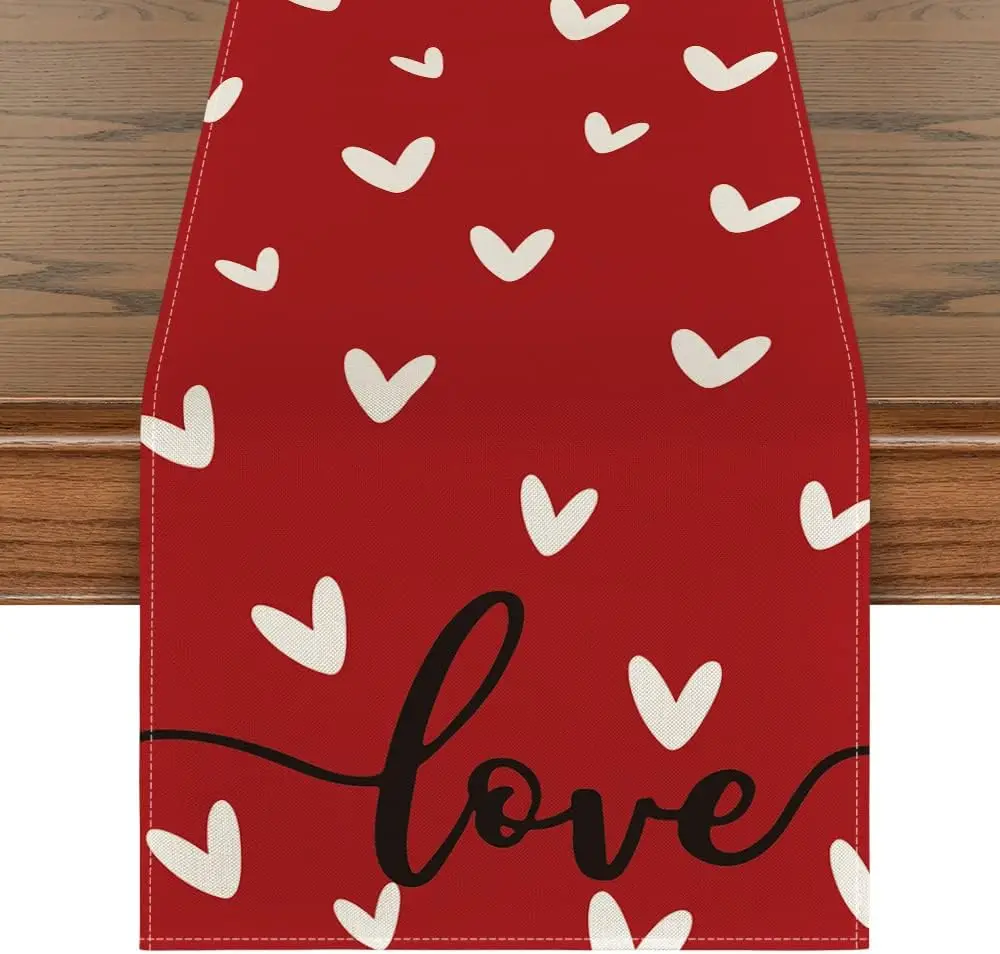 Valentine's Day Red Love Heart Linen Table Runner Party Decor Reusable Farmhouse Kitchen Dining Table Runner Wedding Decorations