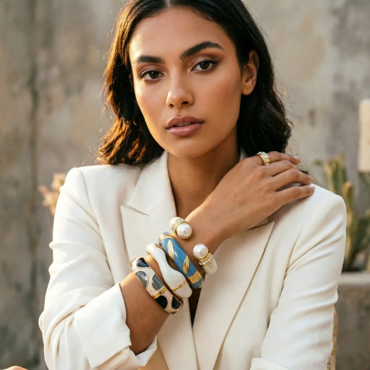 Trendige blau-weiße Emaille-Manschettenarmbänder für Damen und Herren, Vintage, unregelmäßige Streifen, stapelbarer Armreif, Partyschmuck – Detail 22