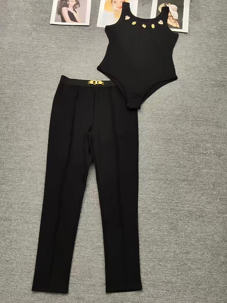 2026 Summer Women's Clothing Beading Design Knitted Vest Jumpsuit Two-piece Set + Metal Buckle Straight Pants Fashion Suit