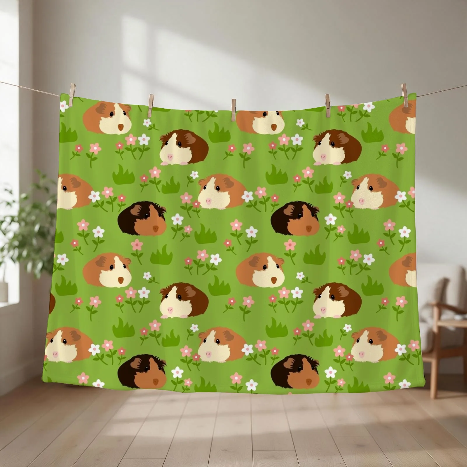 Guinea Pig and Flowers - Green Throw Blanket couch cozy soft plush fuzzy picnic outdoor blanket