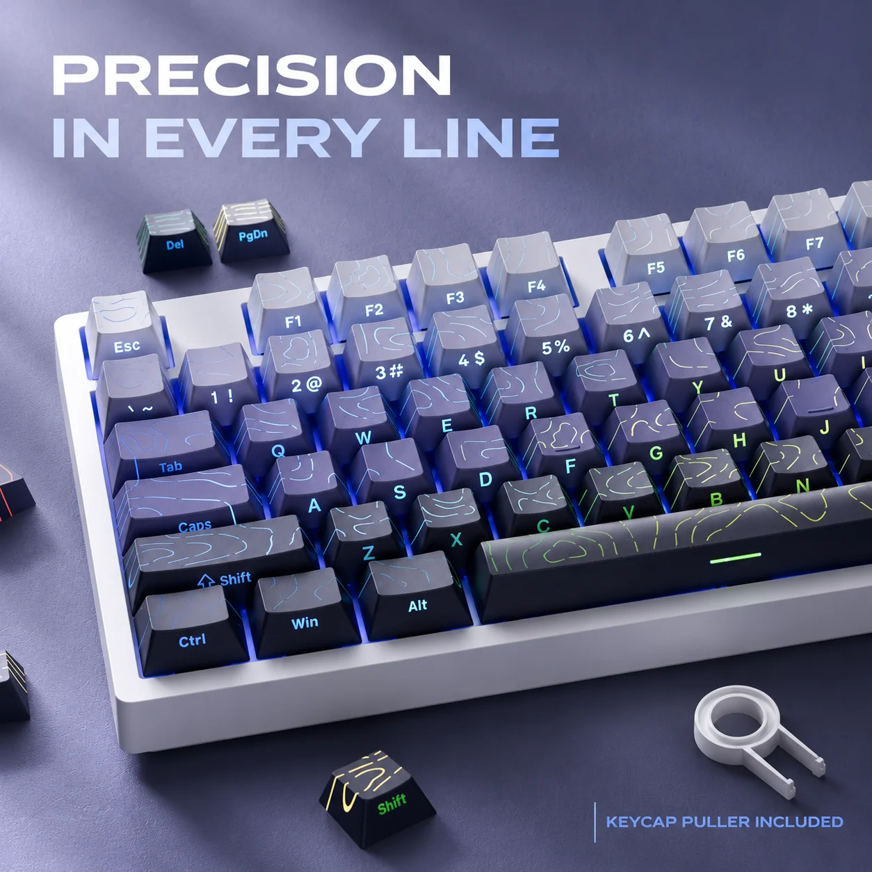 Topographic Contour Line Side Printed Shine-Through PBT Keycaps Cherry Profile 134 Keys Dye Sub Keycap Set for 60% 65% 75% 87 10