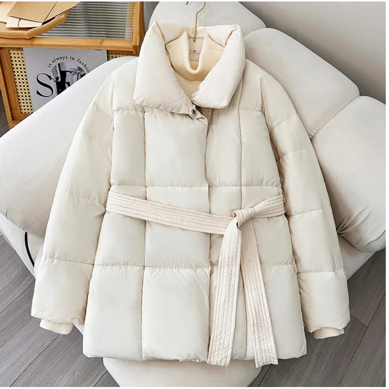Advanced with Waist Cinching Tie Up Black Cotton Jacket Women's 2026 Winter New Korean Version Stand Collar Coat Female Parkas