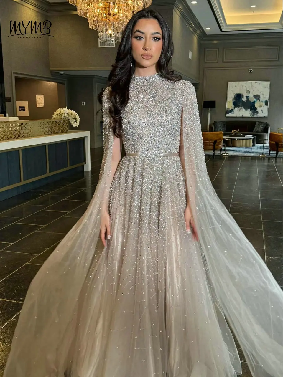 MYMB Exclusive High Neck Cape Sleeves Prom Party Dress Dubai Luxury Belt Beading A-Line Tulle Overlay Evening Gowns MB40029