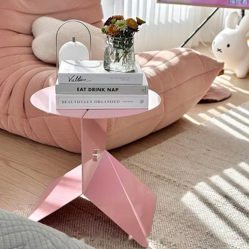 Pink Dopamine Coffee Table Bedside Sofa Table Multi-Functional Metal Magazine Rack Living Room Furniture Stylish Accent Table