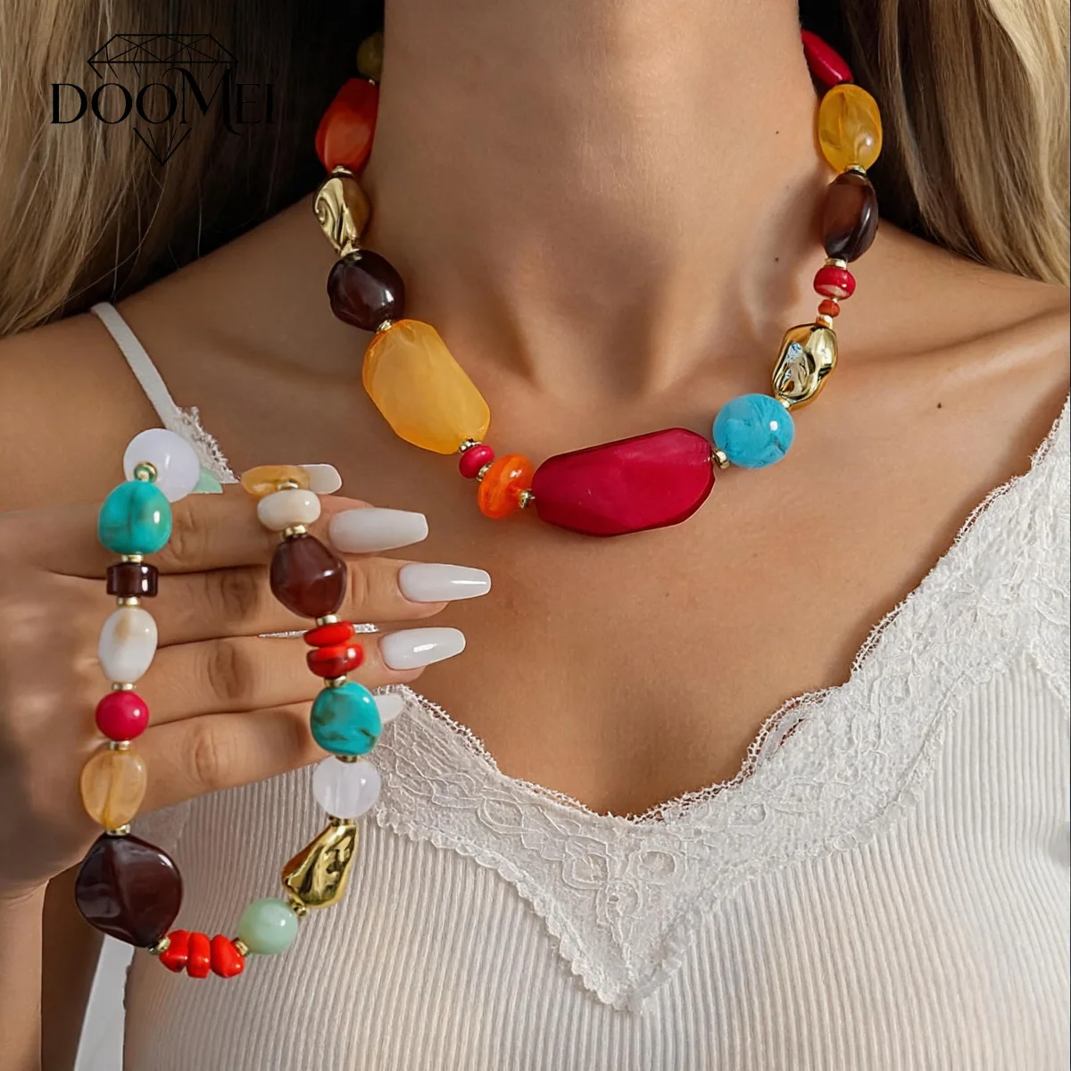 DOO MEI Multi-color Irregular Resin Chunky Beaded Chokers Necklace Bohemian Acylic Neck Chains Neccklace Statement Jewelry Women