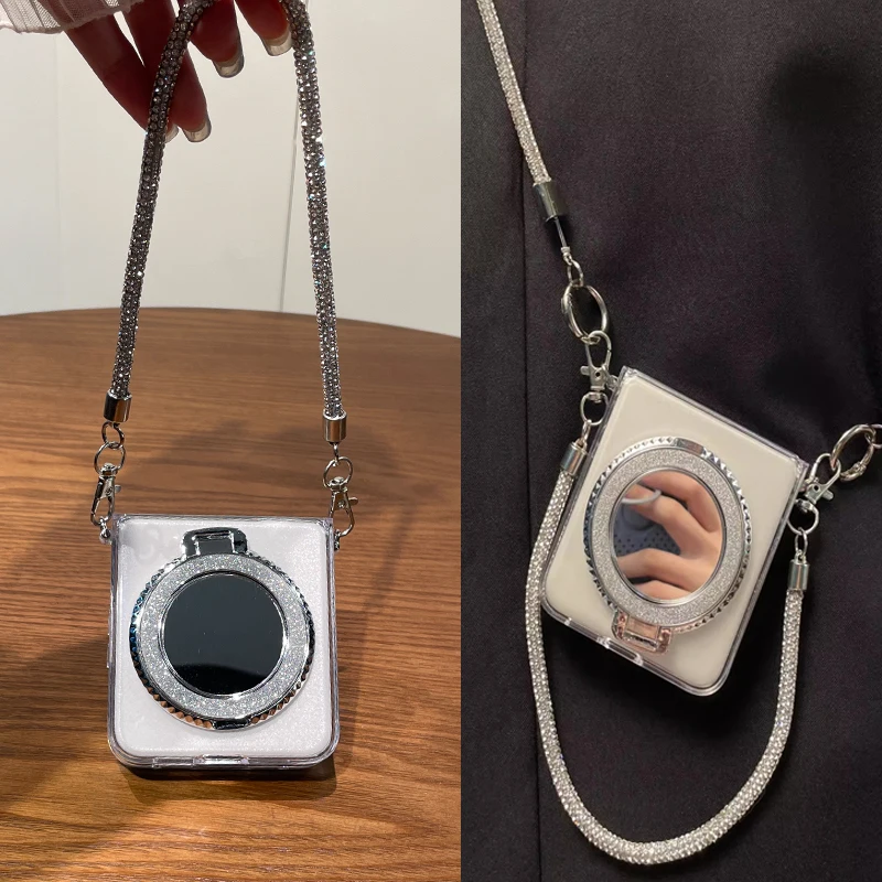 

For Samsung Galaxy Z Flip 7 FE 6 5 4 3 5G DIY Diamond Stand Holder Clear Shockproof Phone Case Cover With Long Short Bling Strap