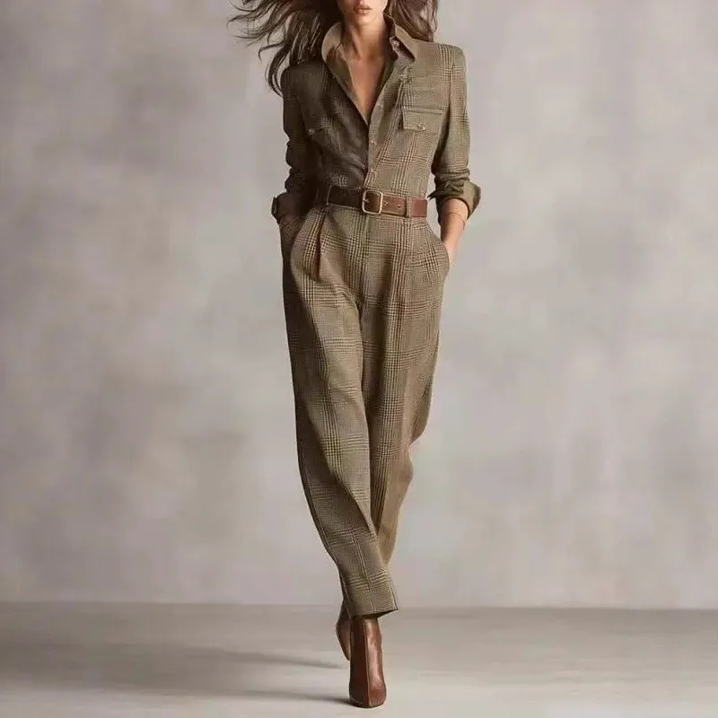 بدلة قفز نسائية كلاسيكية كلاسيكية منقوشة لخريف 2025 بدلة قفز عصرية غير رسمية بأكمام طويلة ملابس نسائية للمكتب