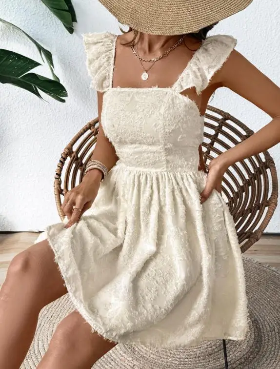 

Summer Fresh & Sweet Women's Vacation Style Waist Hollow Out Dress 2026 New Fashion Square Neck Fly Sleeve Short Skirt for Women