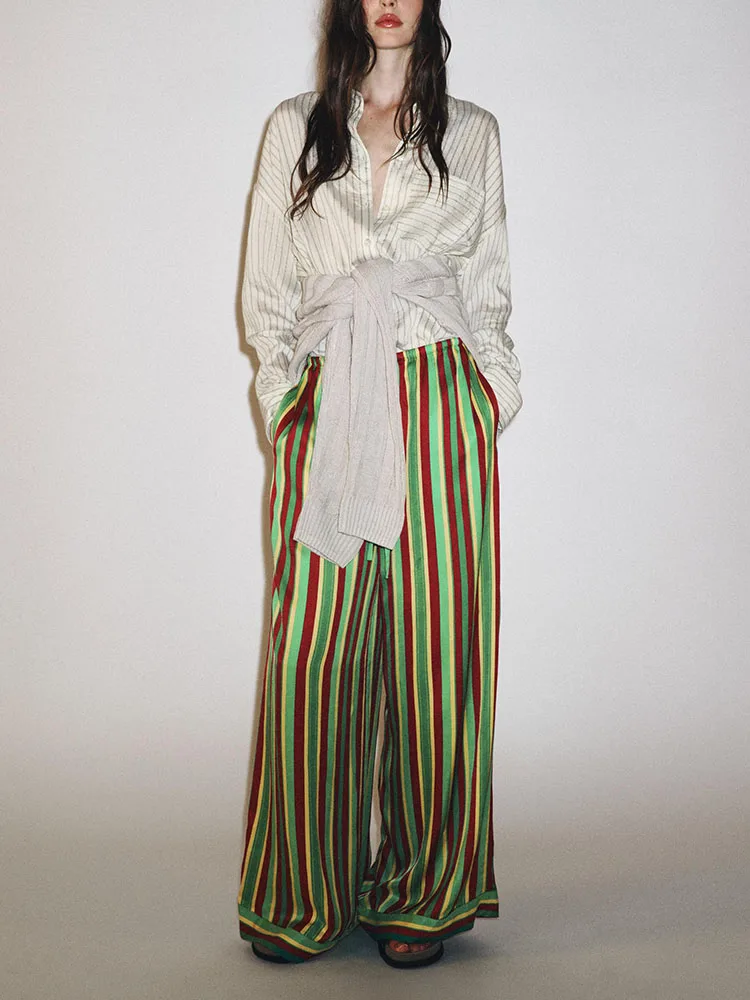 ファッショナブルなストライプ柄の女性用パジャマ風パンツ、新作秋物、万能で着痩せ効果のあるトレンドレディース服