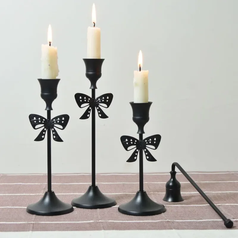 Scandinavian Luxury Bow Candle Holder 3 Piece Set Black Gold Long Taper Candlesticks for Wedding Restaurant Home Decoration