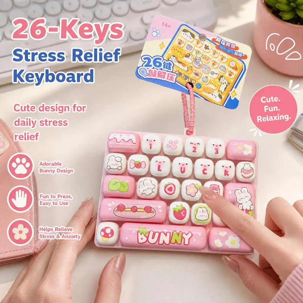 Cute 26 Key Simulation Keyboard Fidget Toy Stress Relief Push Button Keychain Pendant Desk Ornament Bag Decoration Gift