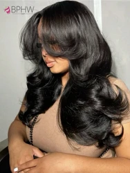 Body Wave Wig Full Machine Made With Bangs Brazilian High Density Human Hair Loose Deep Wave Wig Cheap On Sale Natural Color