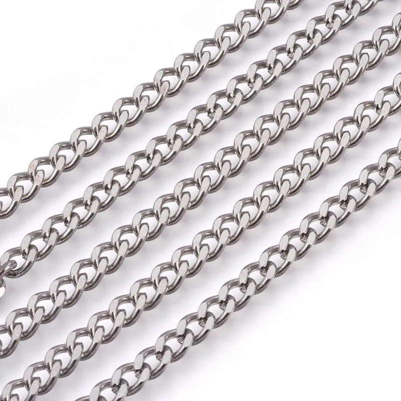 10 m/lot 304 Stainless Steel Curb Chains 2/3/3.5 /4.5/5/6/7/7.5mm, Unwelded Chain for jewelry making, Stainless Steel Color F80