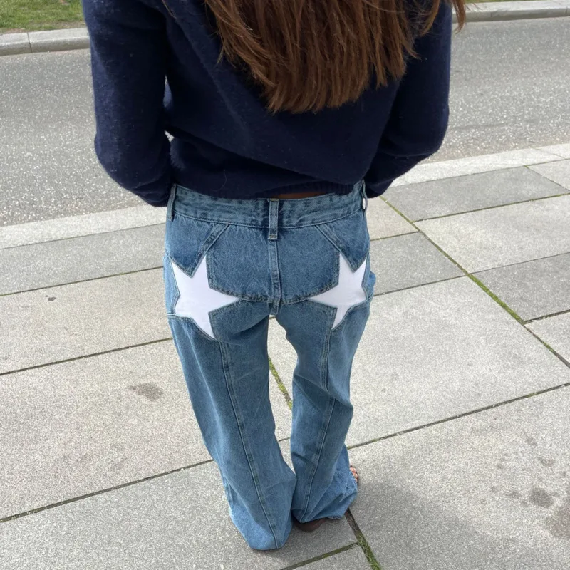 

Y2K Denim Pants Women's Star Embroidery Color Block Patchwork Casual Pants Multiple Slim Fit Trendy Comfortable Millennium Jeans
