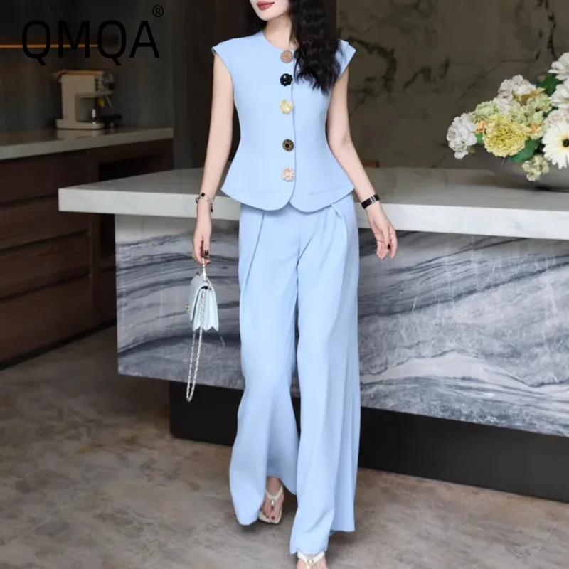 QMQA Fashion Women's Leisure Commuting Set Sleeveless Vest Jacket Long High Waist Wide Leg Jeans Pants Sets 2027 New QM1415